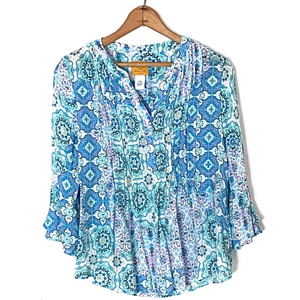 Ruby Rd Tile Patchwork Silky Gauze Ruffled Henley… - image 2